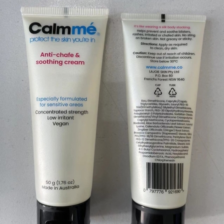 Calmmé anti-chafe and soothing cream tubes, once facing the front and one displaying the back.