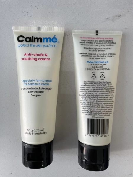 Calmmé anti-chafe and soothing cream tubes, once facing the front and one displaying the back.